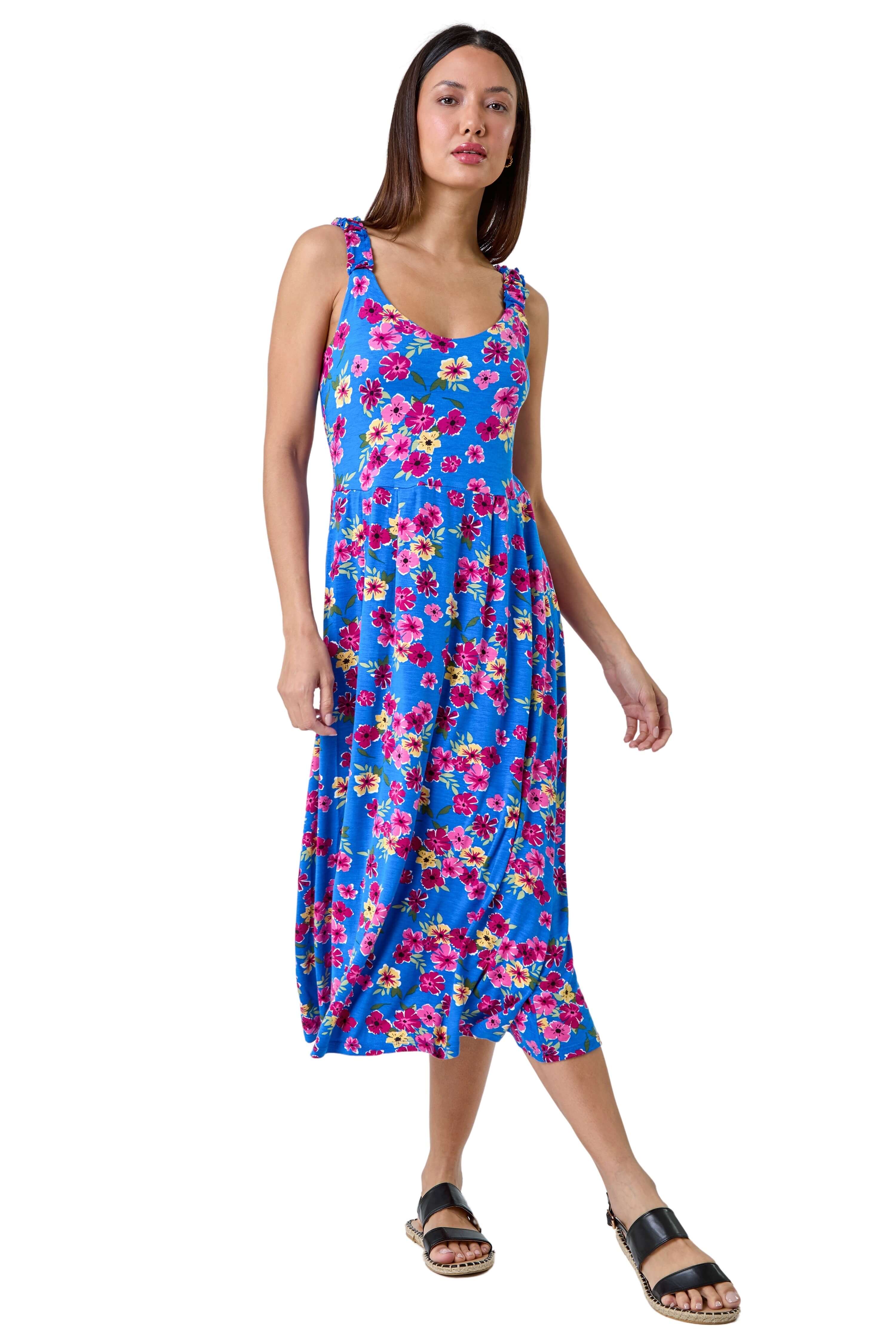 Roman Women's Blue Floral Shirred Strap Midi Dress In | : Size 20 - Image 3