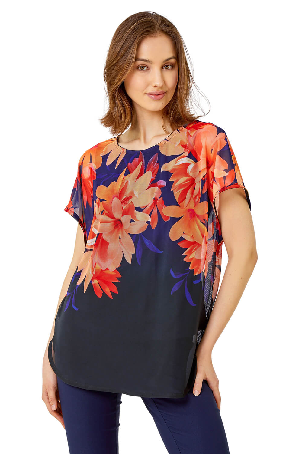 Roman Women's Navy Floral Print Overlay Stretch Top Size 12 - Image 2