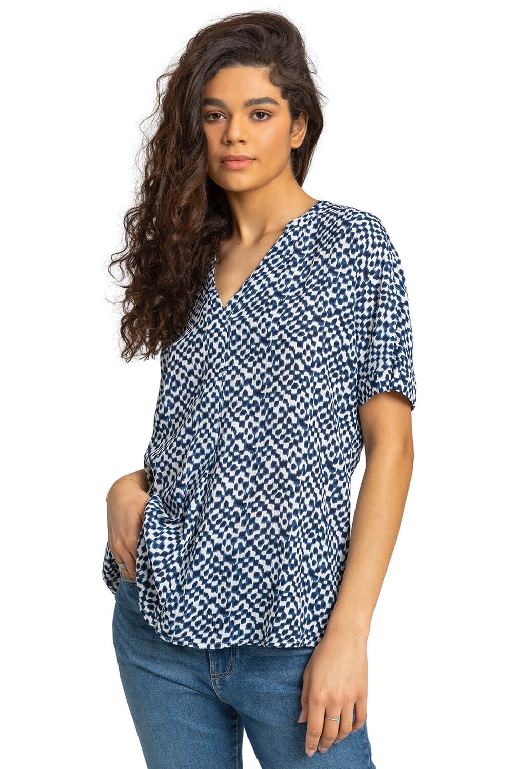 Roman Women's Navy Spot Print V-Neck Tunic Top In Size 10 - Image 2