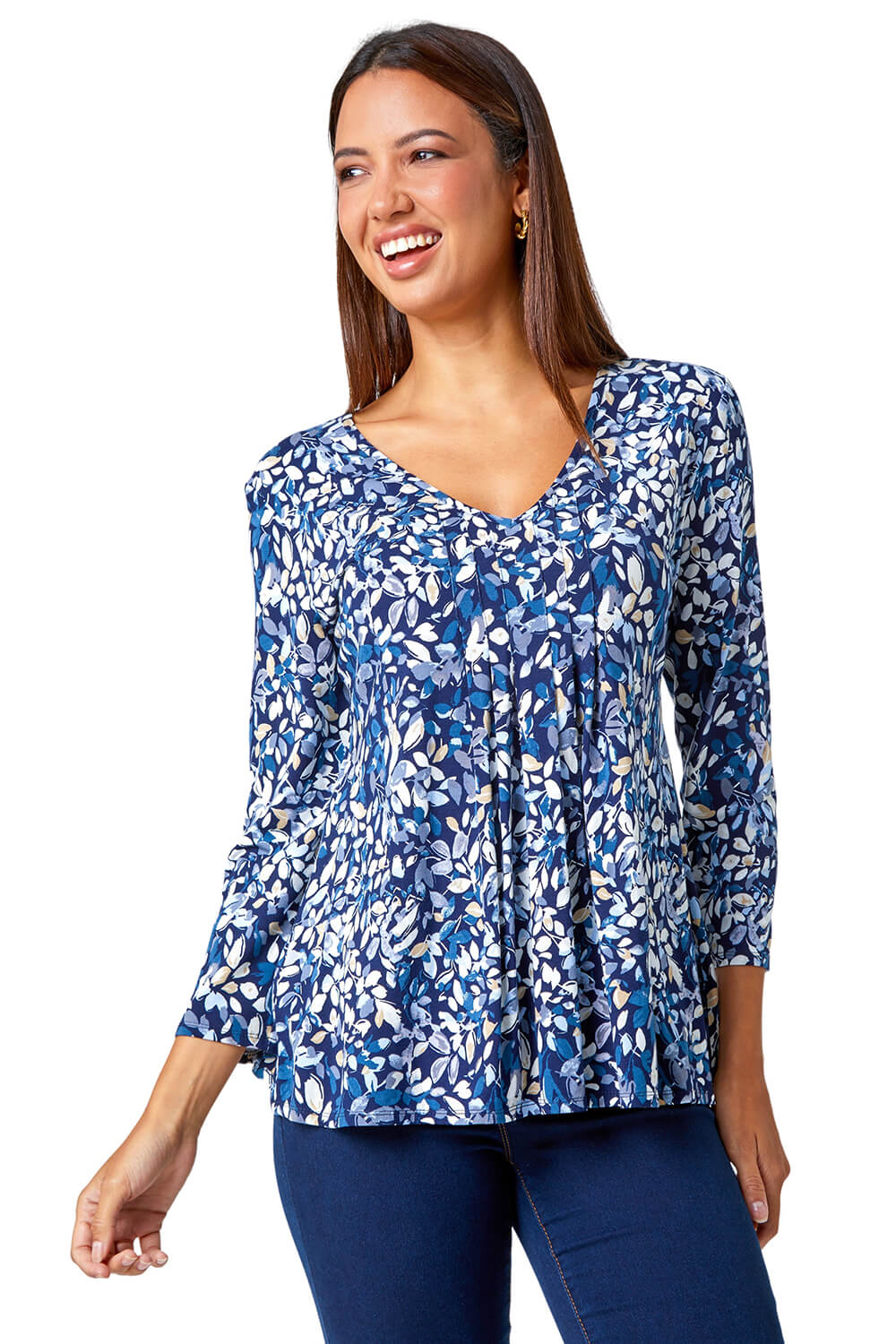 Roman Womens Leaf Print Pintuck Swing Stretch Top - Navy - Size 12 UK