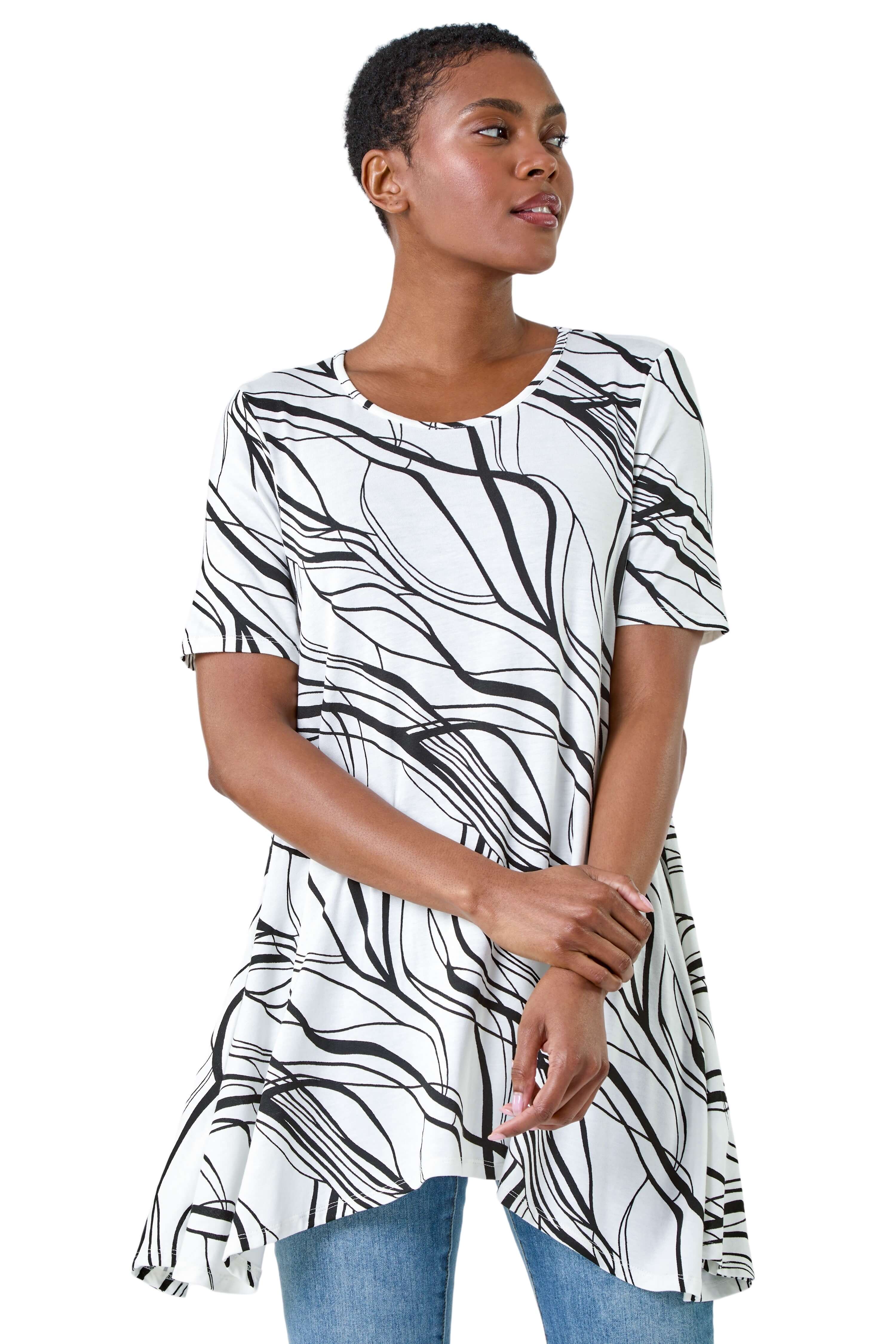 Roman Womens Abstract Hanky Hem Stretch Tunic Top - Ivory - Size 12 UK