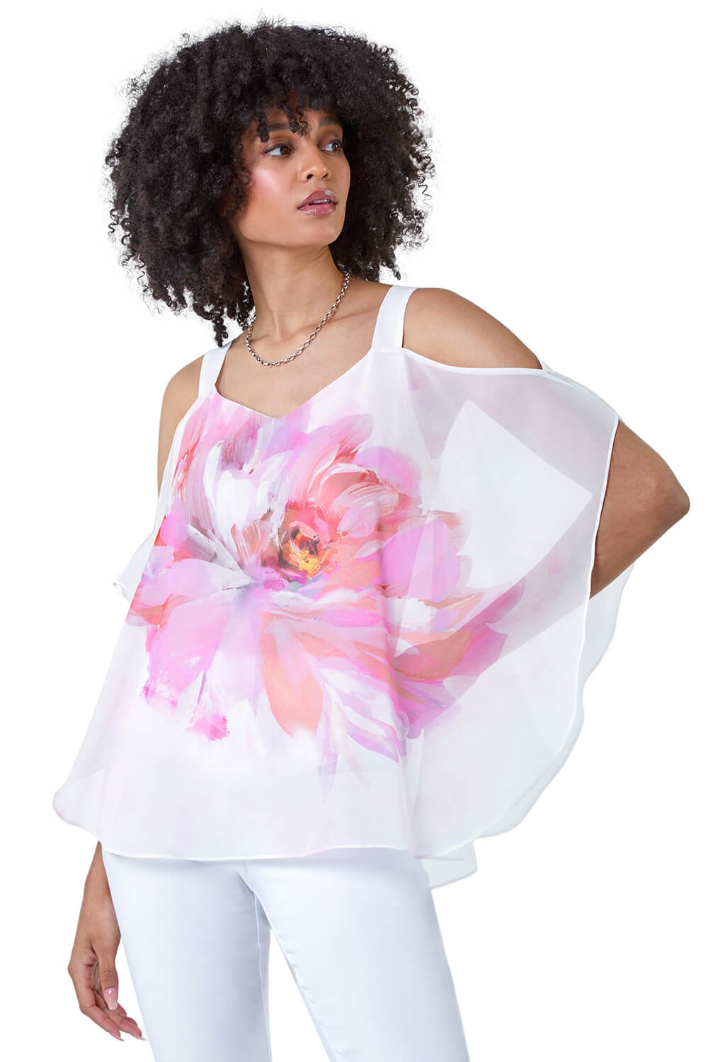 Roman Women's Ivory Floral Print Cold Shoulder Overlay Top In Size 12 - Image 2