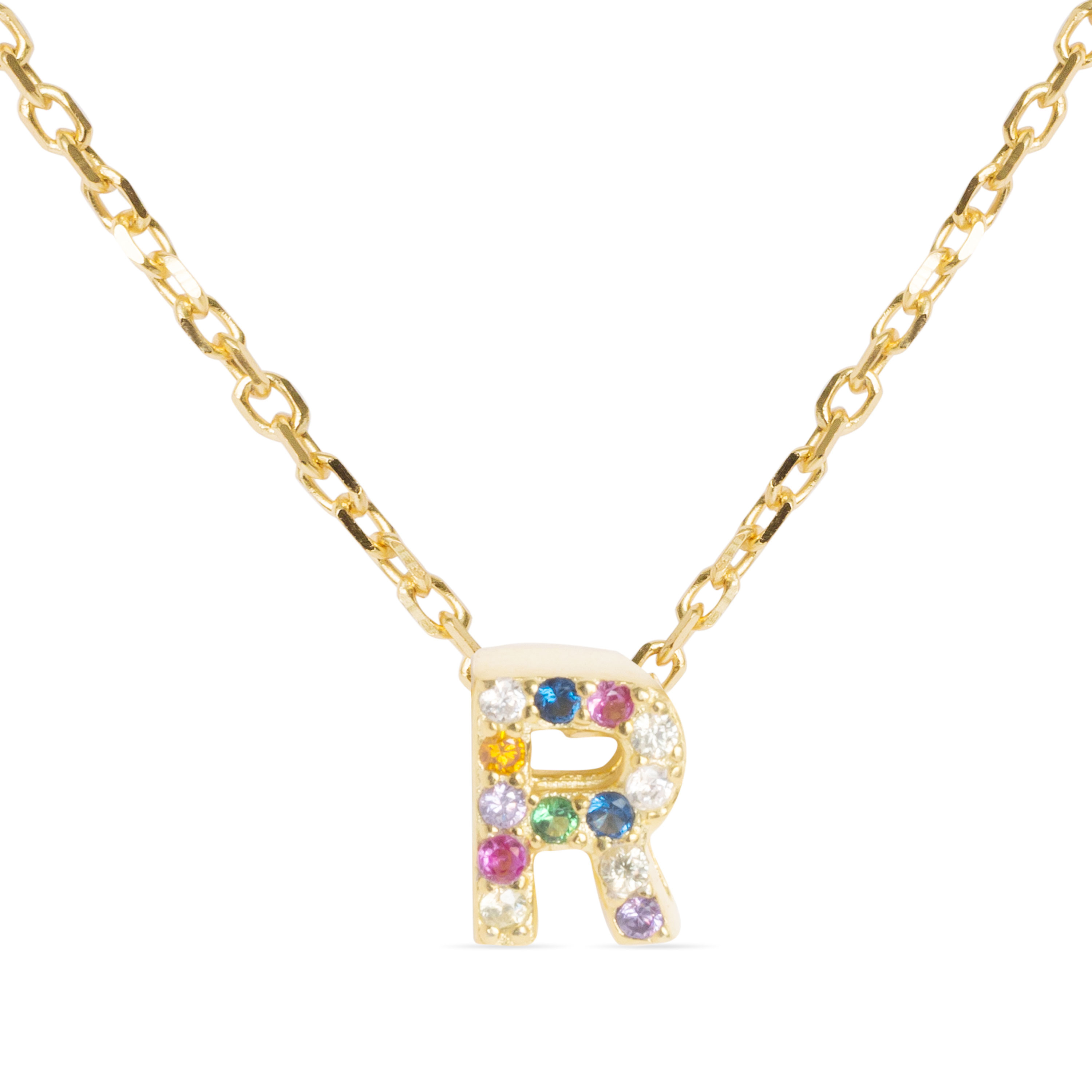 Sterling Silver 925-halsband med flerfärgad zirkonium, avslutat i 18K gult guld Alfabet