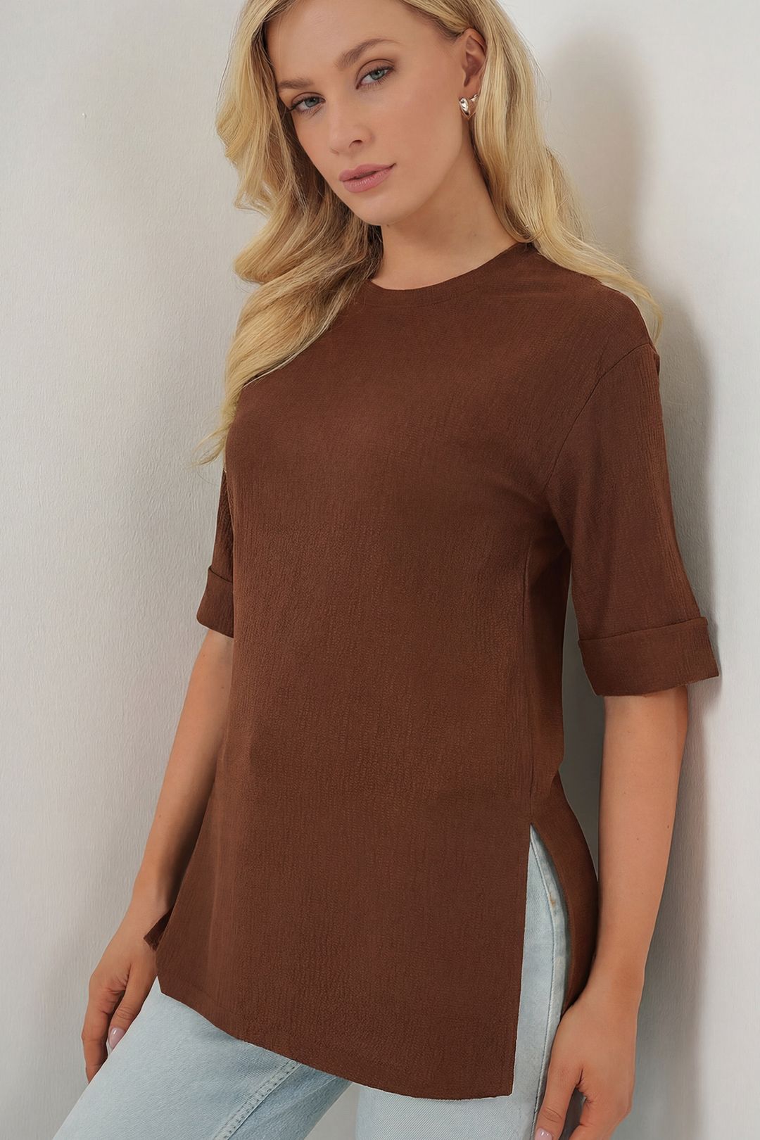 Textured Crew Neck Korte Mouwen T-shirt