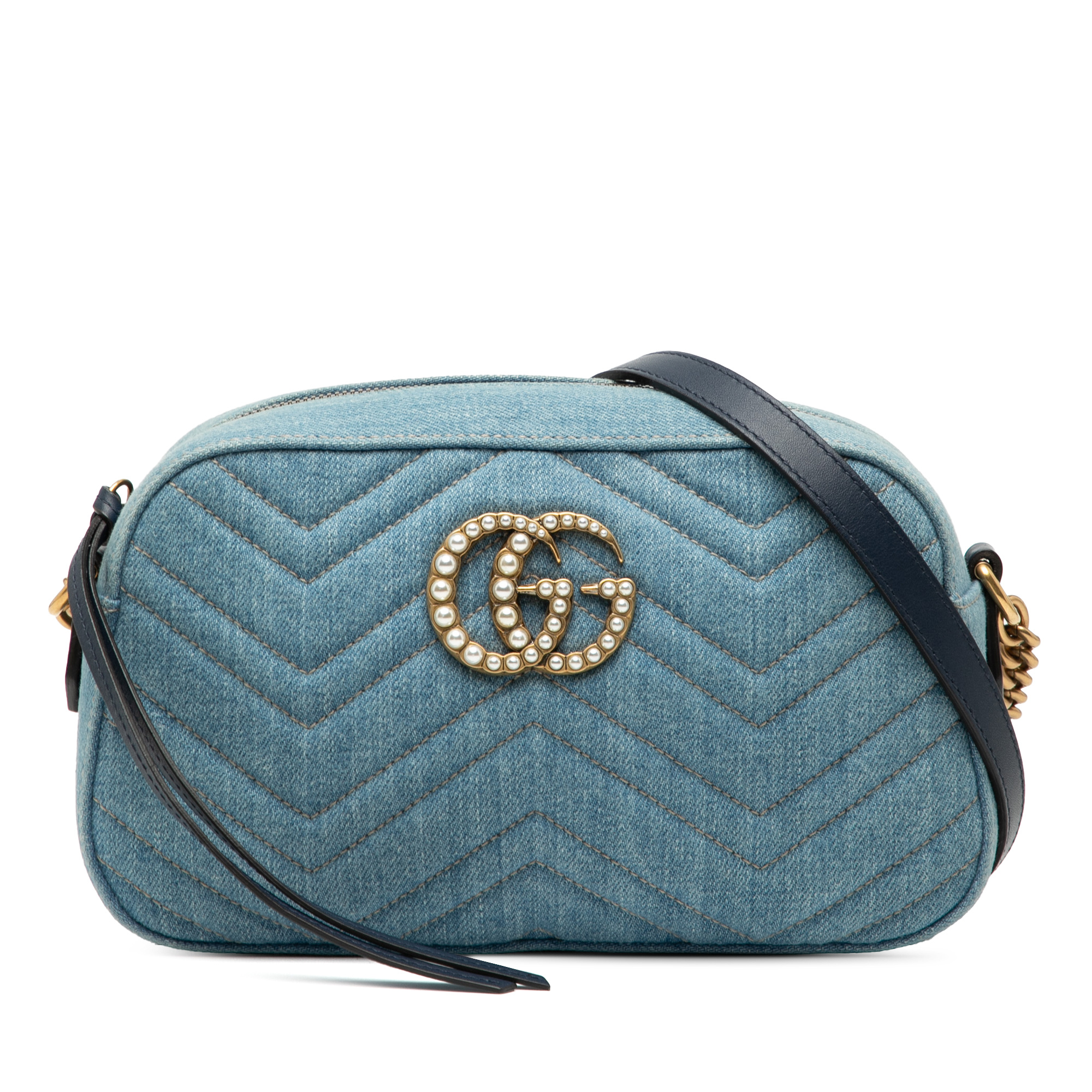 Tweedehands Kleine Gg Marmont Matelassé Denim Parel Crossbody