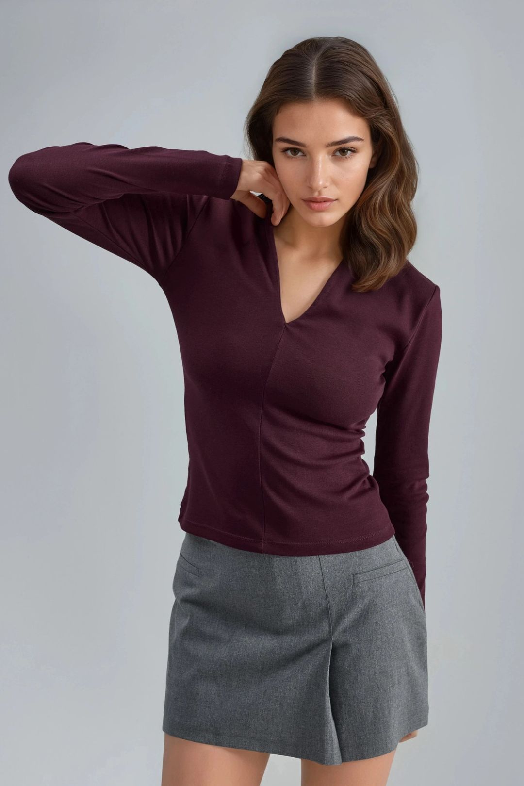 Slim Fit V-ringad Blus med Lång Ärmar