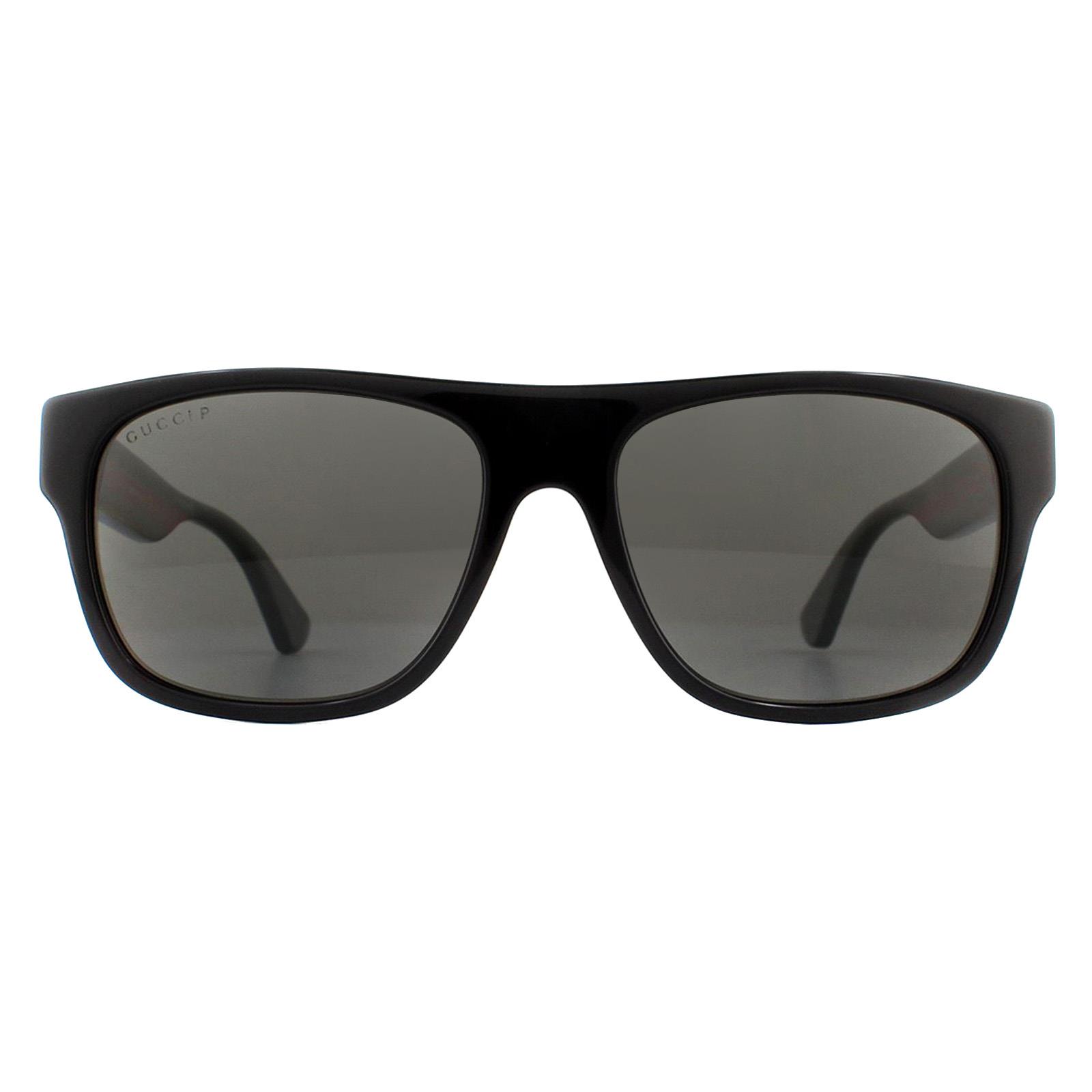 Gucci Rectangle Mens Black mit grünen und roten Streifen Grey Polarized Sonnenbrille