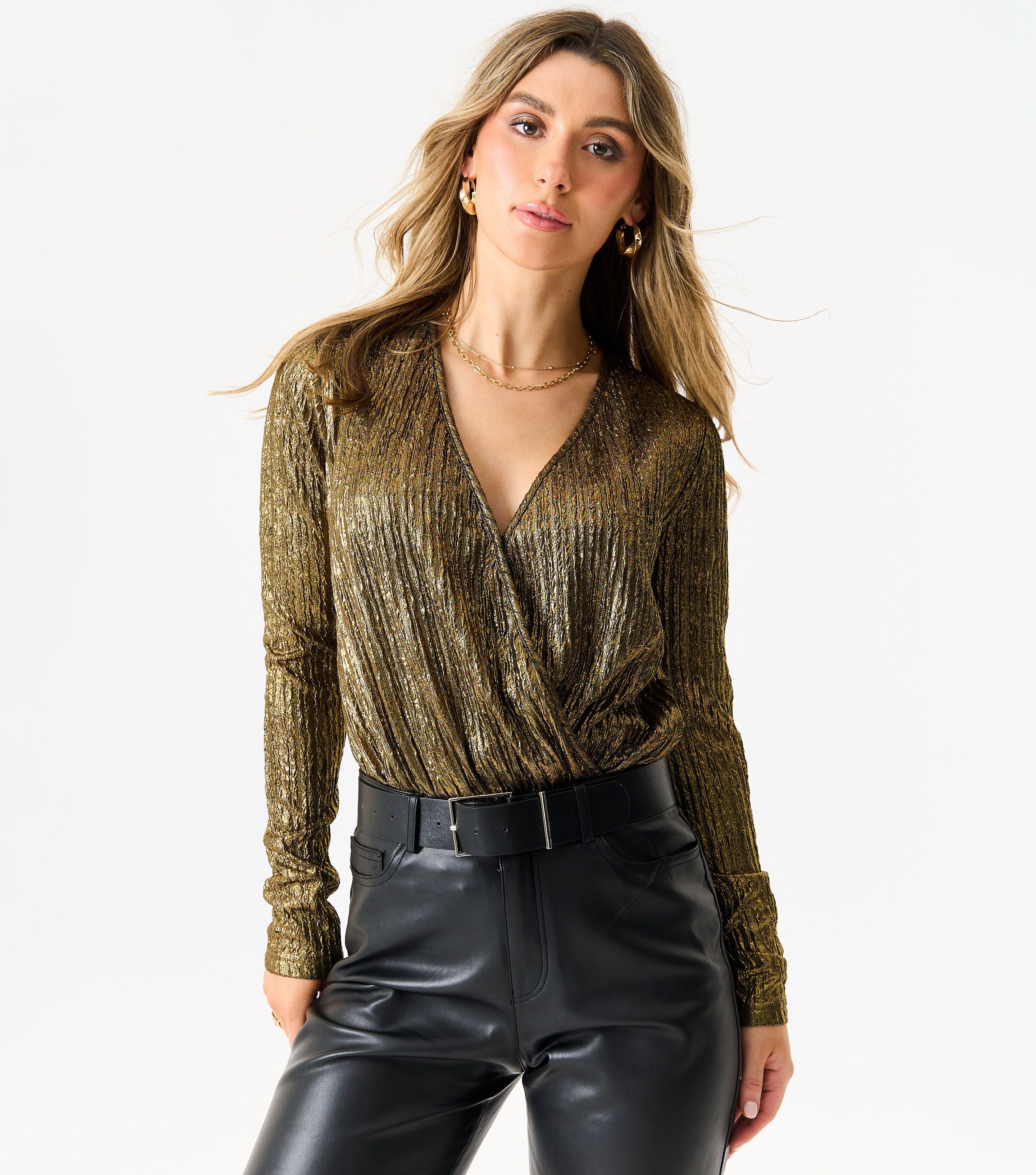 Gini London Metallic Plisse Wrap Front Bodysuit toppar & linnen dam – bild 2