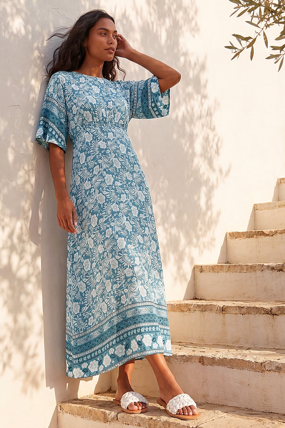 Roman Women's Light Blue Floral Border Print Midi Dress In | : Size 18 - Image 2