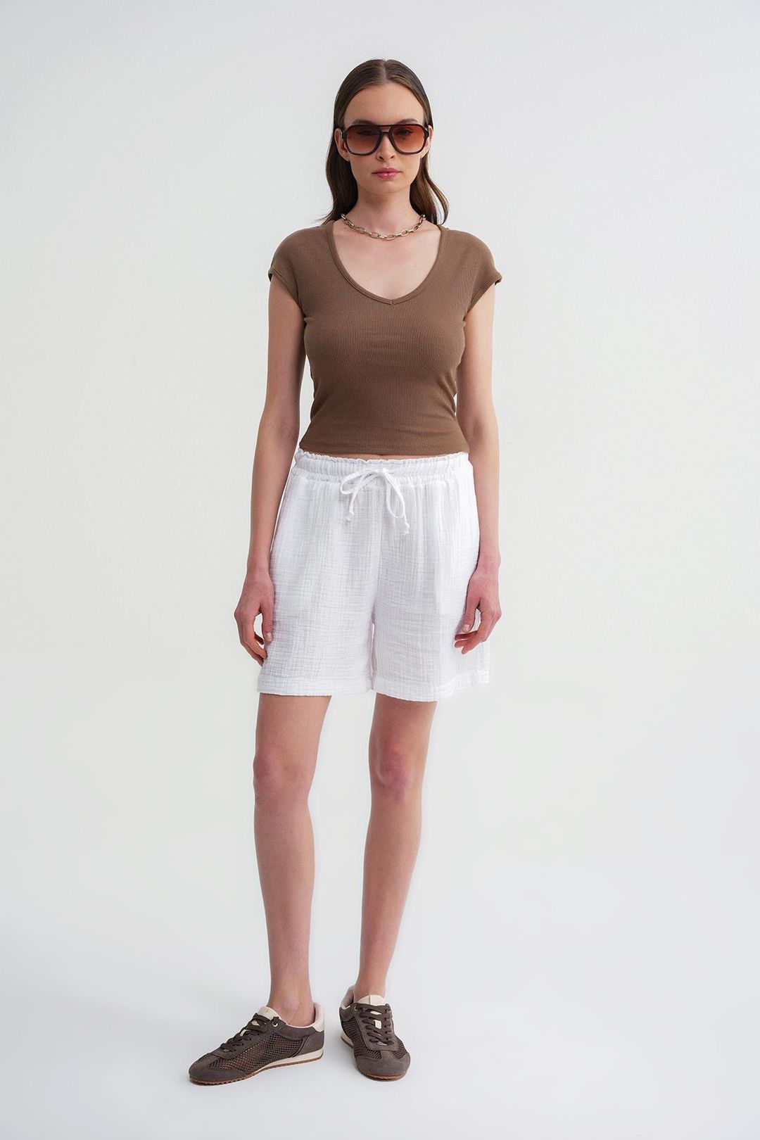 Mixray Högmidjade texturerade bomullsshorts dam – bild 2