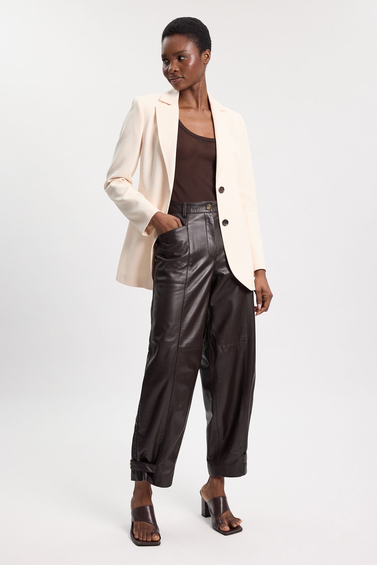 Karen Millen Womens Leather Barrel Leg Trouser – Chocolate – Size 14 UK