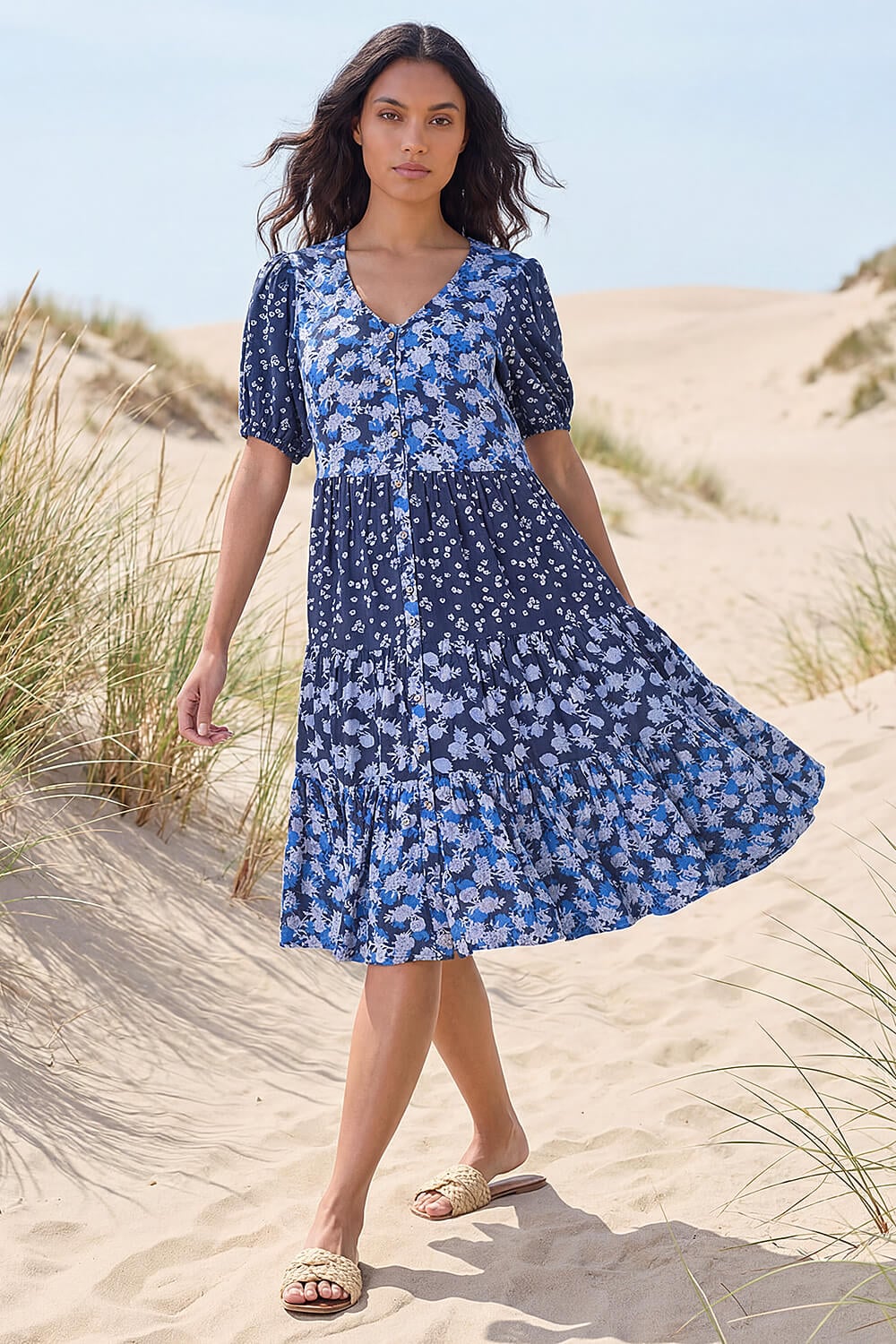 Roman Womens Floral Cotton Blend Tiered Smock Dress - Blue Woven Cotton - Size 16 UK