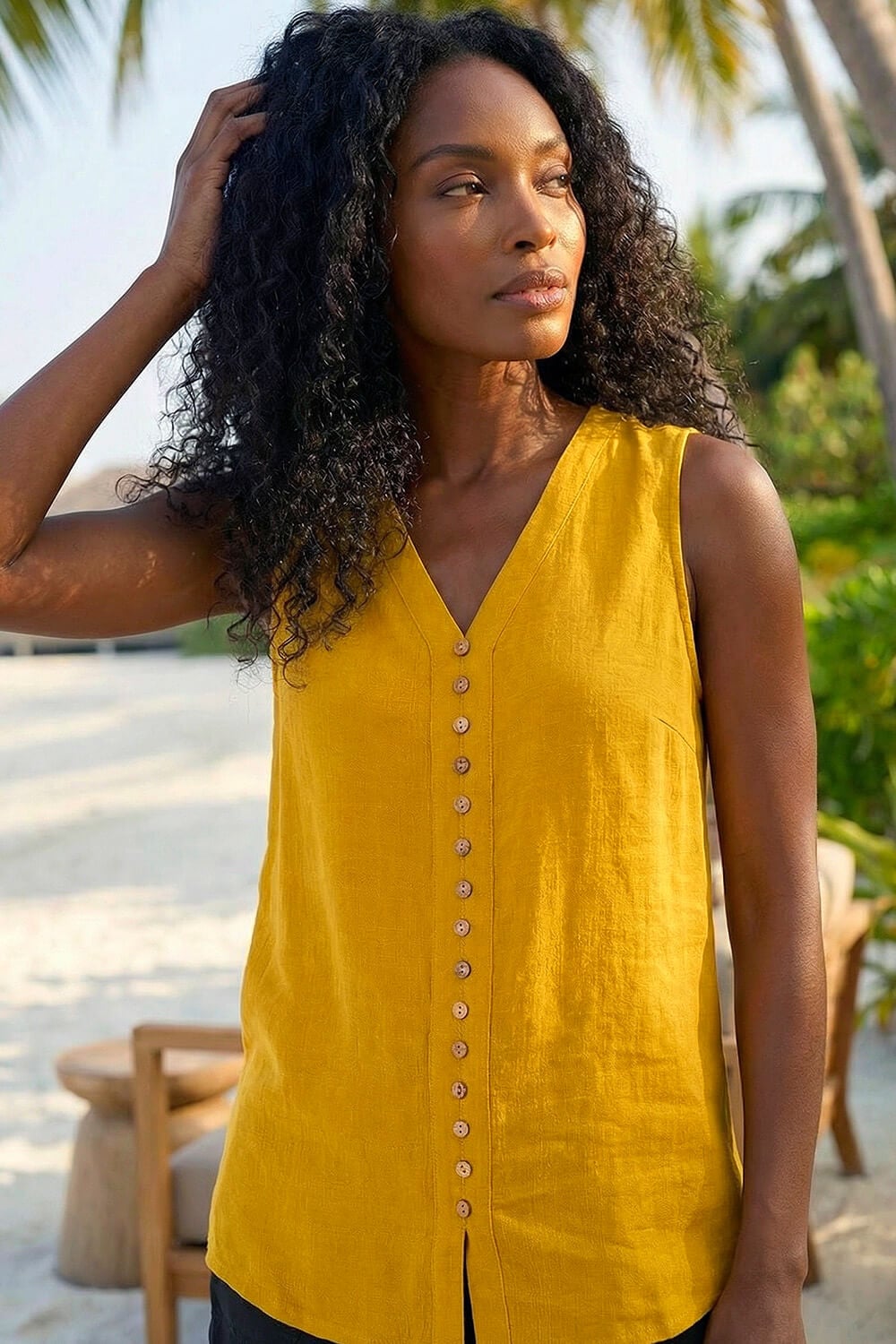 Roman Womens Sleeveless Button Detail Vest - Yellow - Size 10 UK
