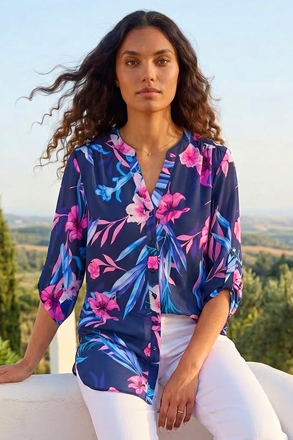 Roman Womens Tropical Print Longline Blouse - Blue - Size 14 UK