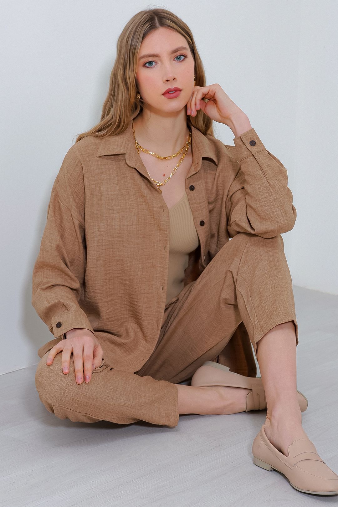 Leinenmischung Langarmshirt und Hosen-Set