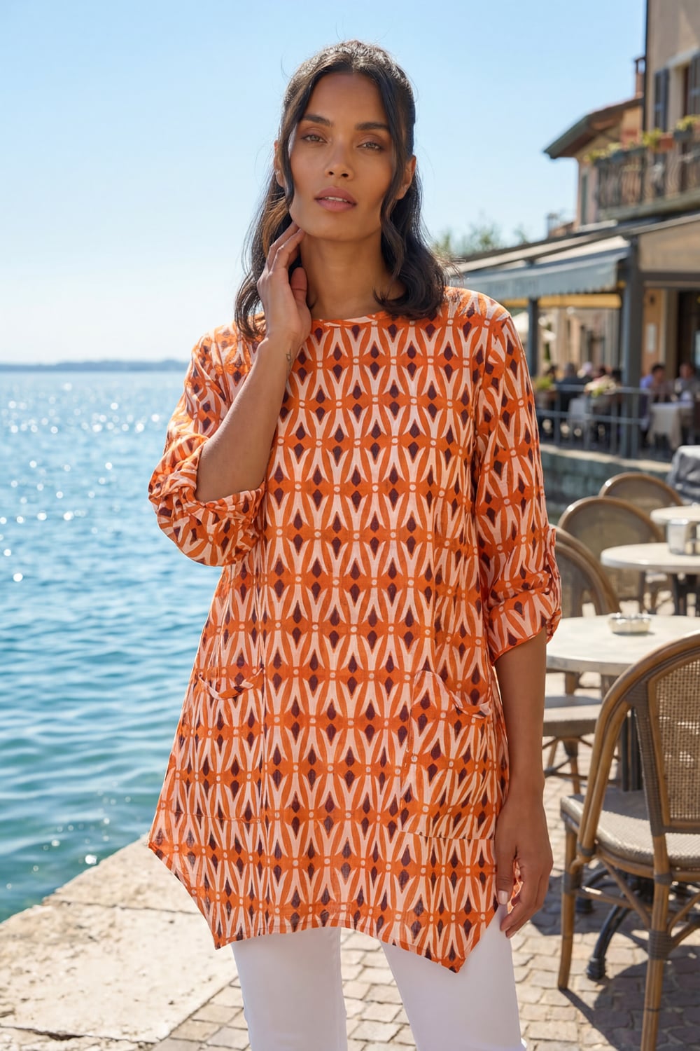 Roman Womens Cotton Geometric Pocket Longline Tunic Top - Orange - Size 10 UK